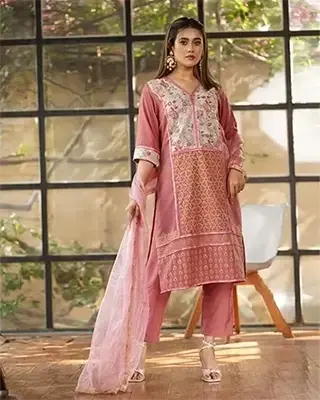 Pink Maroon Silk Embroidered 3-Piece Suit with Sequins & Net Dupatta