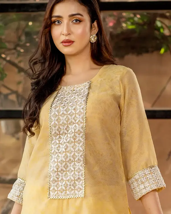 Flickere Outfit Alizeh Yellow Jamdani Print 3 Piece Salwar Kameez with Sequins & Karchupi Embroidery