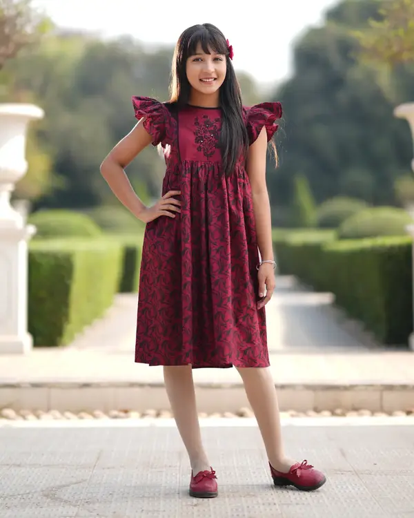 Girl's Deep Red Floral Print Frock - EEW-FC–2001B