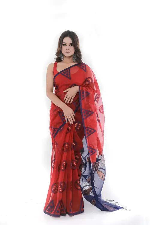 Crimson Red Half Silk Saree with Navy Blue Geometric Patterns