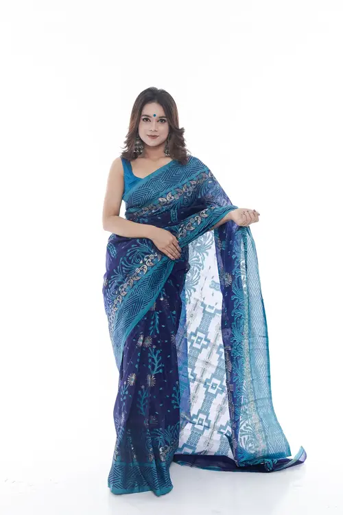 Dark blue tree border half silk saree