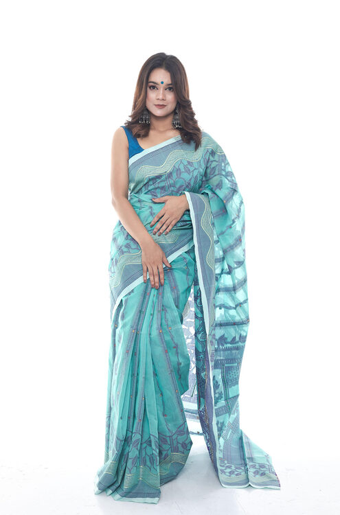 Graceful Aqua Blue Half Silk Saree with Navy Blue and White Accents