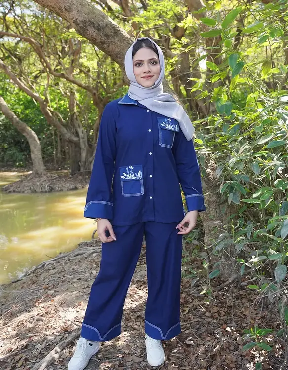 Navy Blue Contrast Stitch Floral Pocket Co-ord Set (LES-1919)