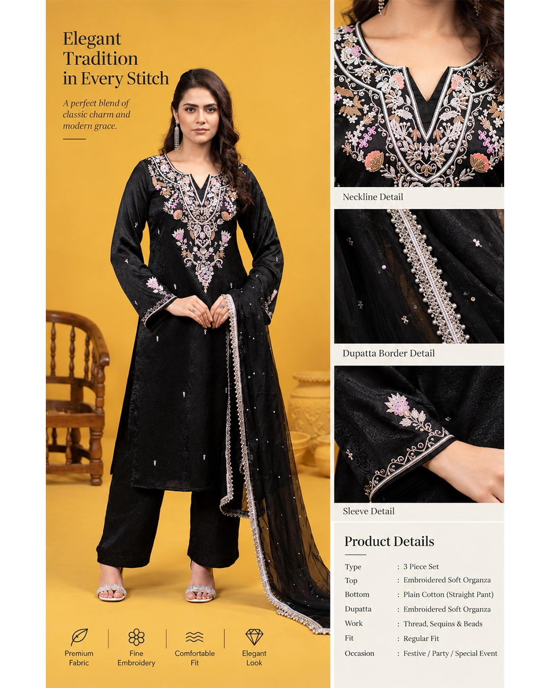 Inayat Jet Black Embroidered Arabian Silk Three Piece Set