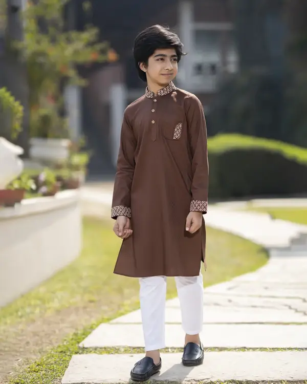 Baby Boys' Coffee Brown Panjabi with Ornate Embroidery - EEW-FC- 2004A
