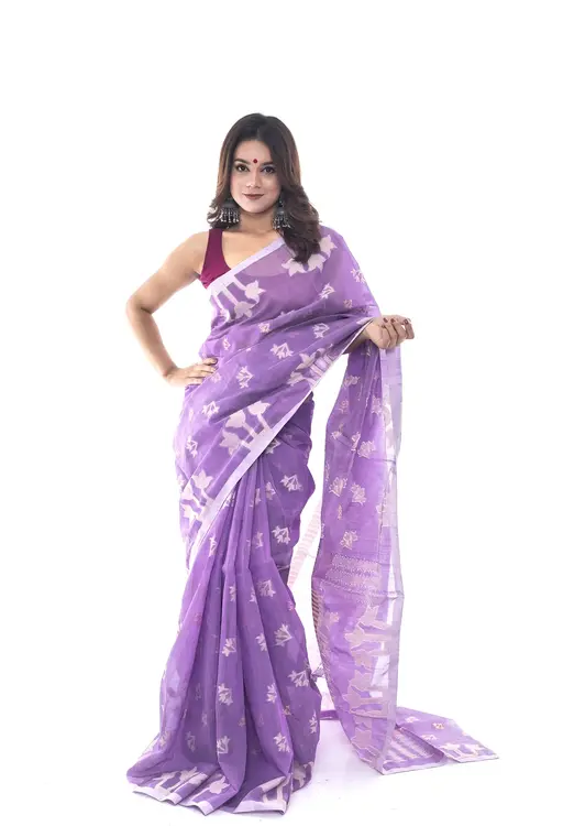 Elegant Lavender Half Silk Saree with White Floral Accents