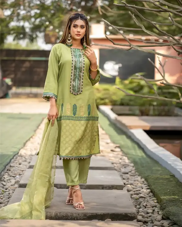Olive Green Platinum Silk 3 Piece Salwar Kameez with Sequins & Karchupi Work – Organza Dupatta – Flickere Outfit