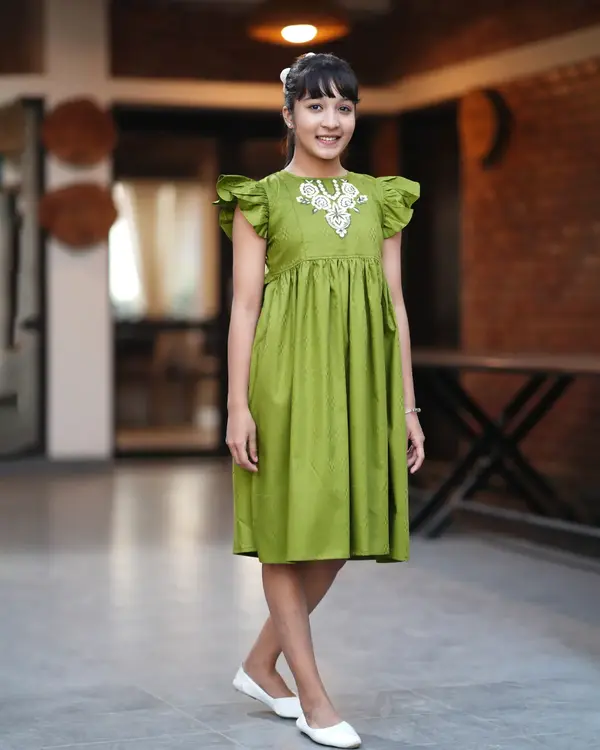 Girls' Deep Olive Green Frock with Floral Embroidery & Ruffle Sleeves - EEW-FC- 2005