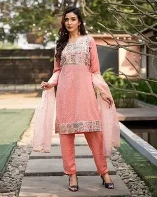 Pink-Orange Honey-Bunny Silk 3 Piece Suit with Sequins, Karchupi & Silver Afsan Print, Organza Dupatta –Flickere Outfit