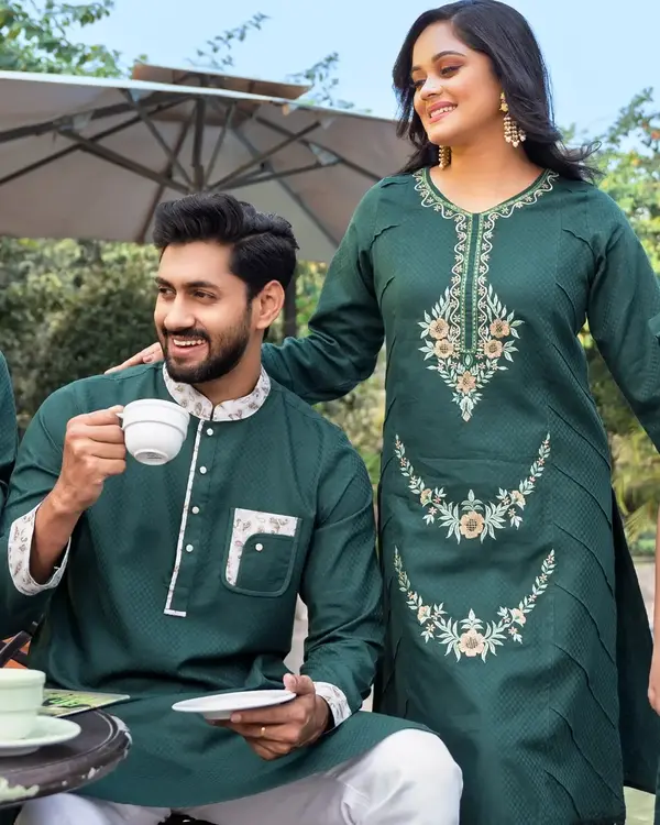 Elegant Couple Set: Cotton Tencel Embroidered Panjabi & Salwar Kameez