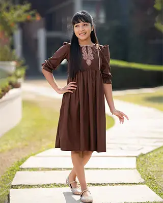 Designer Coffee Brown Frock for Baby Girls with Floral Embroidery - EEW-FC- 2004A