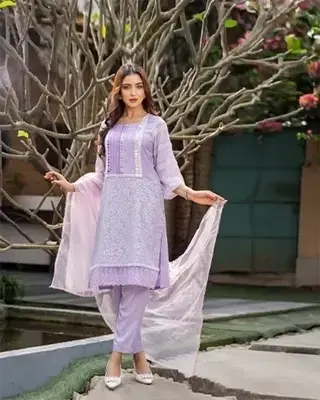 Lavender Platinum Silk Ladies 3 Piece Salwar Kameez Set | Sequins Embroidery Kamiz, Stylish Pant & Cota Dupatta – Flickere Outfit