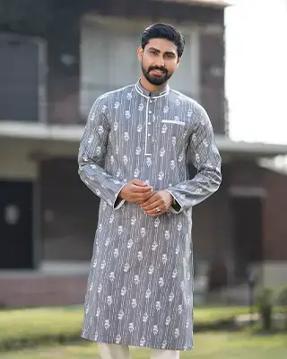 Men's Charcoal Grey Panjabi with White Floral and Stripe Print - EEW-FC-2003A