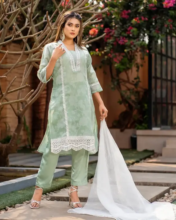 Mint Green Jamdani Water Print 3 Piece Set with Sequins & Lace – Dubai Silk Pant, Cota Dupatta – Flickere Outfit