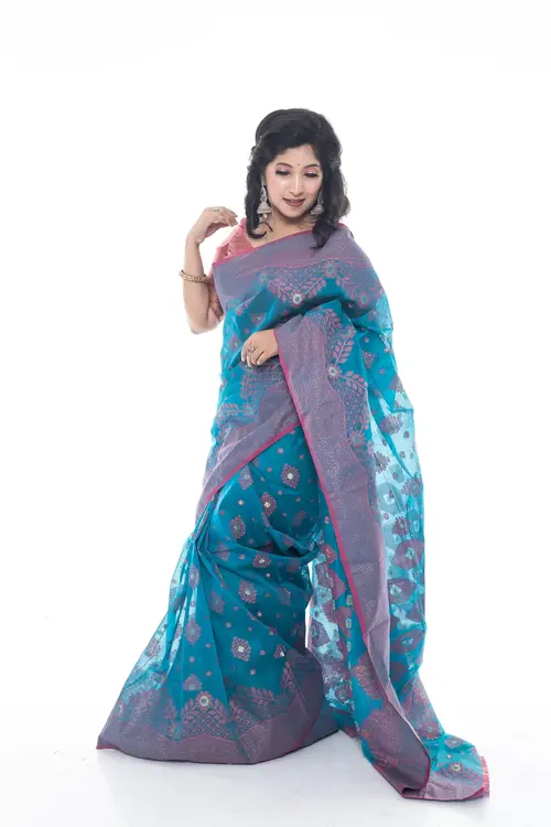 Graceful Teal Half Silk Saree with Exquisite Floral Design