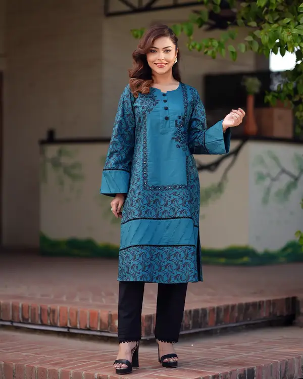 Teal Radiance" Embroidered Kurti Set – EEW-FC–2001A