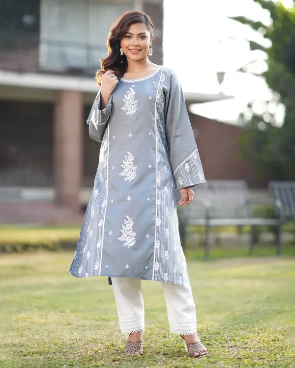 Charcoal Grey Floral Embroidered Ethnic Kurti for Girls - EEW-FC-2003A