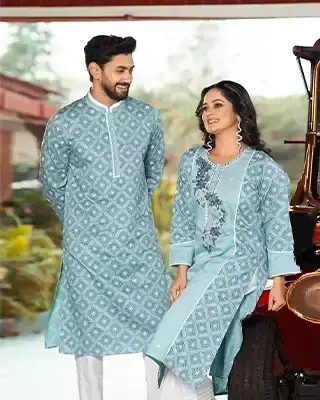 Elegant Aqua Blue Matching Couple Set – Traditional & Stylish