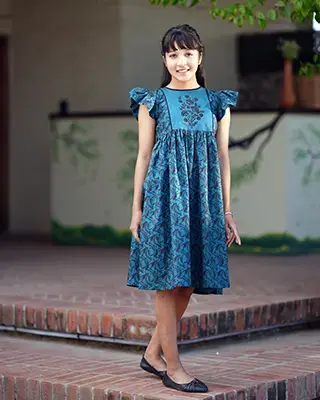 Kids' Teal Floral Print Festive Frock with Ruffle Sleeves - EEW-FC–2001A
