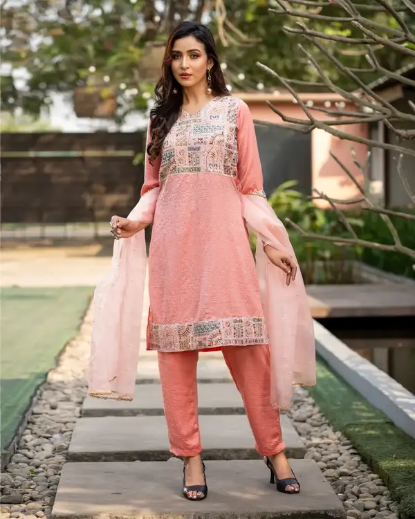 Pink-Orange Honey-Bunny Silk 3 Piece Suit with Sequins, Karchupi & Silver Afsan Print, Organza Dupatta –Flickere Outfit