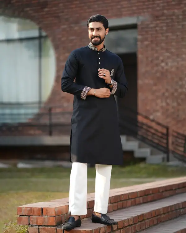 Men's Black Jacquard Panjabi with Premium Gold Embroidery - EEW-FC- 2004B