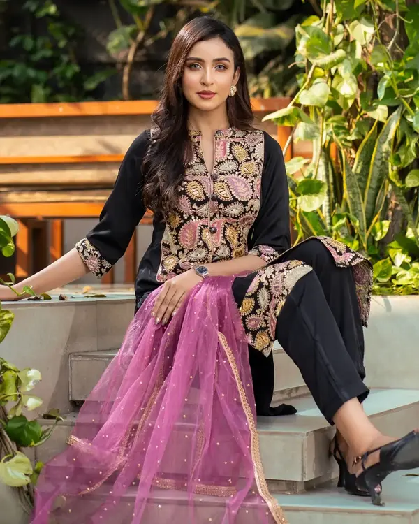 Black Platinum Silk 3-Piece Salwar Kameez with Afsan Print, Sequins & Karchupi Embroidery