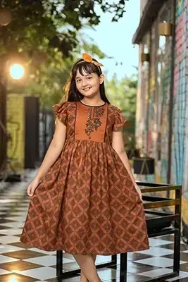 Baby Girl Cotton Tencel Frock | Rust Orange Embroidered Kids Frock-EEW-FC-1601A