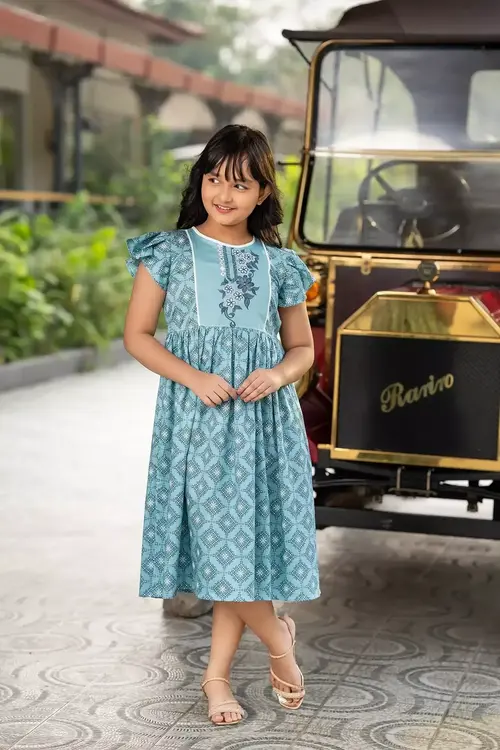Elegant Aqua Blue Girls' Embroidered Frock – Festive & Stylish
