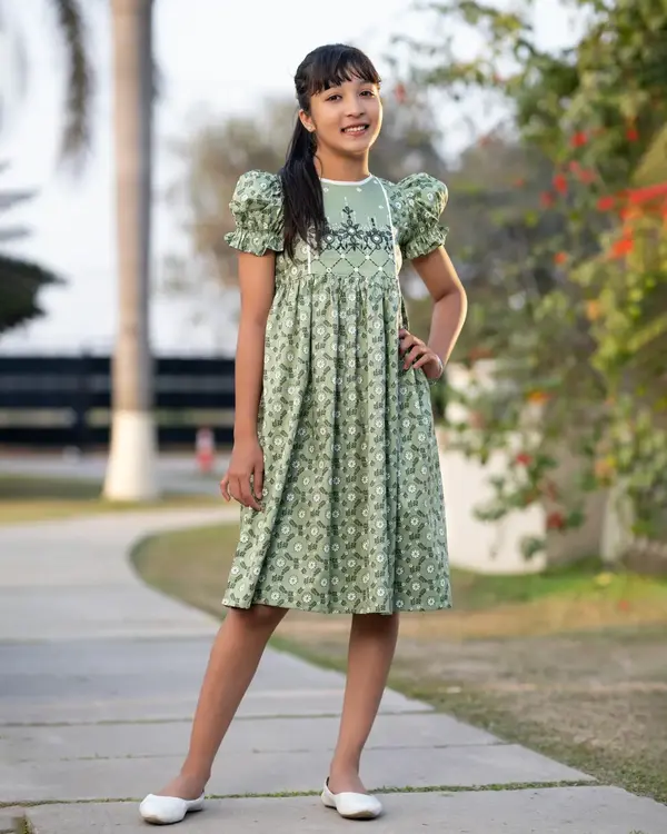 Kids' Sage Green Cotton Festive Girl Frock with Floral Print - EEW-FC–2002B
