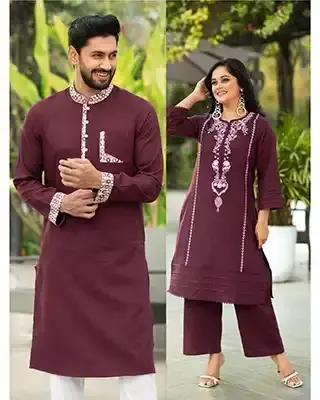 Elegant Couple Set: Women's Embroidered Kurti with Palazzo & Men’s Classic Panjabi - Maroon Edition