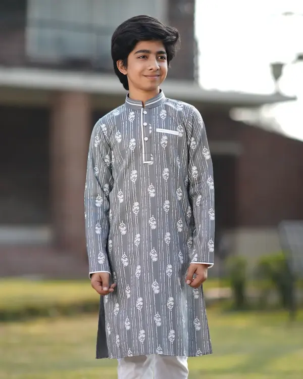 Baby Boy's Charcoal Grey Stripe & Floral Printed Panjabi- EEW-FC-2003A