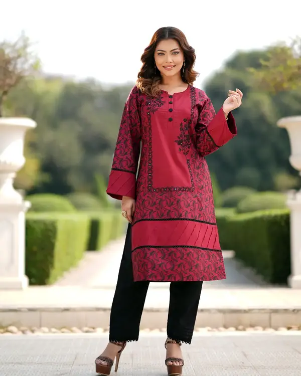 Dark Red Floral Printed Kurti Set-EEW-FC–2001B