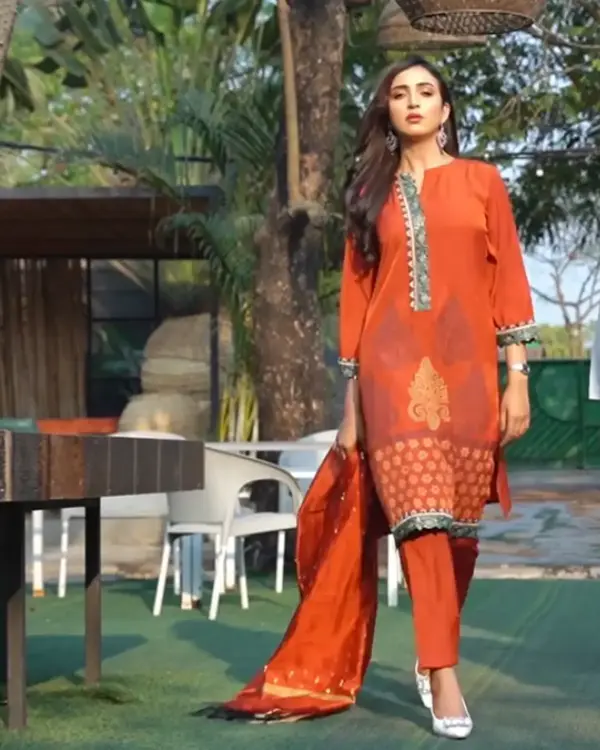 Dark Orange Platinum Silk 3-Piece Salwar Kameez Set with Afsan Printed Design & Embroidered Dupatta