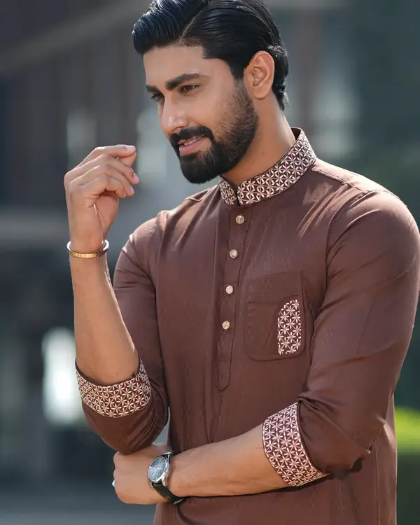 Men's Coffee Brown Embroidered Panjabi with Textured Jacquard Finish- EEW-FC- 2004A