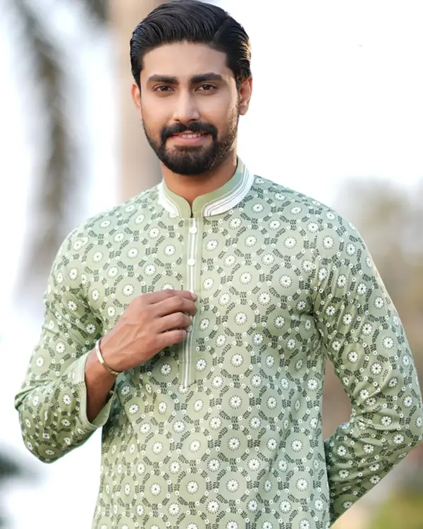 Men's Sage Green Ethnic Panjabi with Floral Print - EEW-FC–2002B