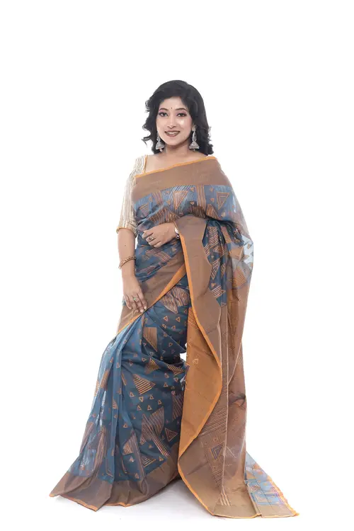 Dark Grey Blue Half Silk Saree