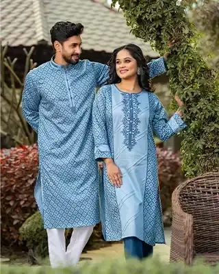 Elegant Matching Couple Set – Sky Blue Cotton Tencel Kurta & Kurti with Exclusive Embroidery