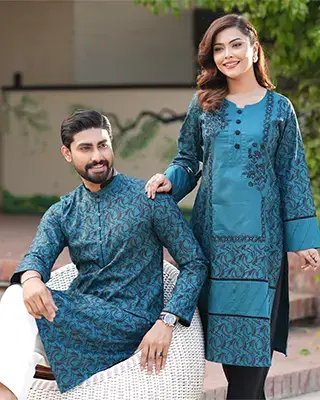 Deep Teal & Black Floral Matching Couple’s Ethnic Set – EEW-FC–2001A