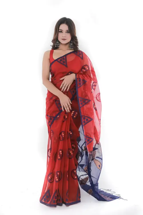 Crimson Red Half Silk Saree with Navy Blue Geometric Patterns
