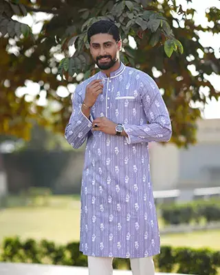 Men's Lavender Blue Panjabi with White Floral and Stripe Print-EEW-FC-2003B
