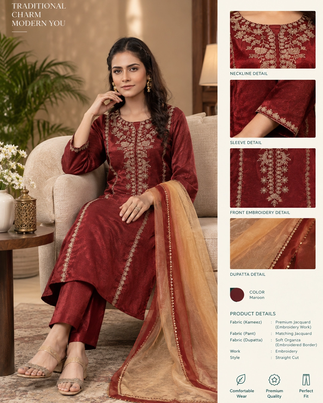 Alizeh Maroon Arabian Embroidered Three Piece Suit Set