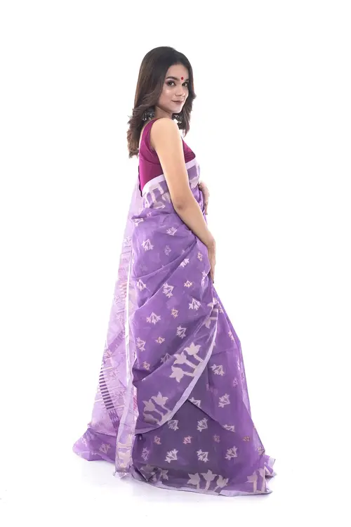 Elegant Lavender Half Silk Saree with White Floral Accents