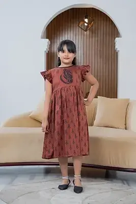 Rusty Red  Color Girls' Embroidered Frock -1606B