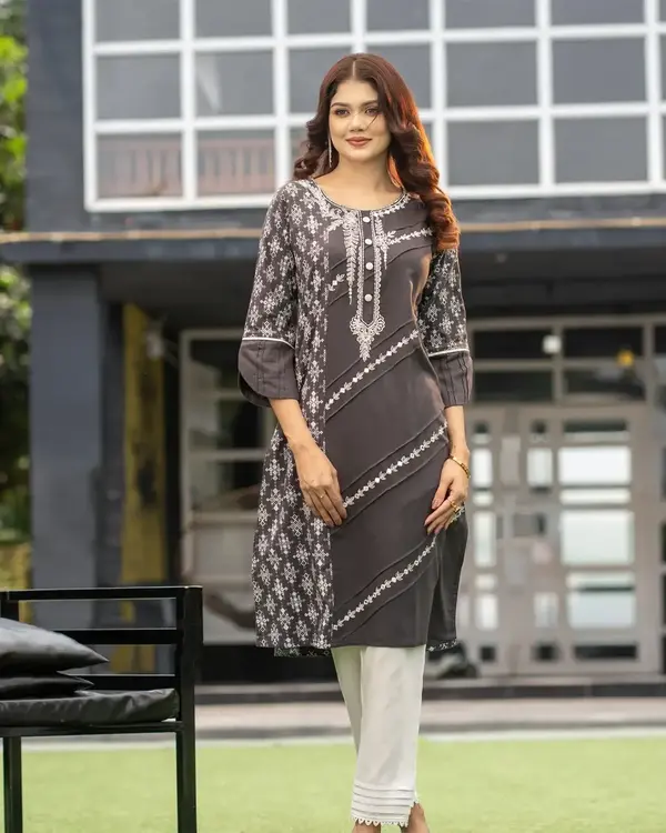 Elegant Charcoal Grey Cotton Tencel Kurti & Salwar Set for Women