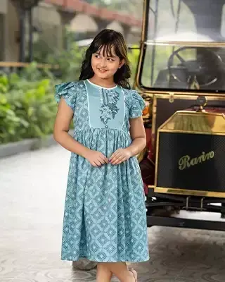 Elegant Aqua Blue Girls' Embroidered Frock – Festive & Stylish