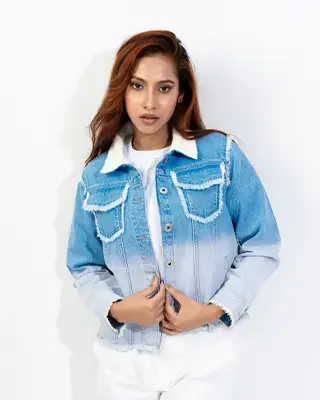 Faded Ombre Denim Jacket with Faux Fur Collar- LWJ-721