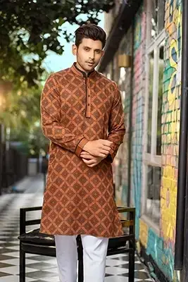 Rust Orange Men’s Panjabi | Cotton Tencel Embroidered Panjabi EEW-FC-1601A