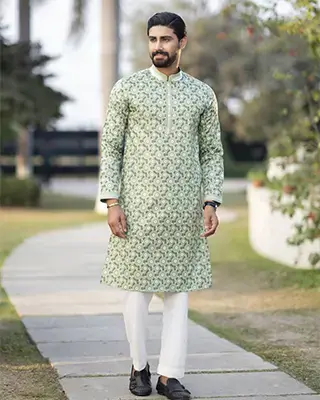 Men's Sage Green Ethnic Panjabi with Floral Print - EEW-FC–2002B