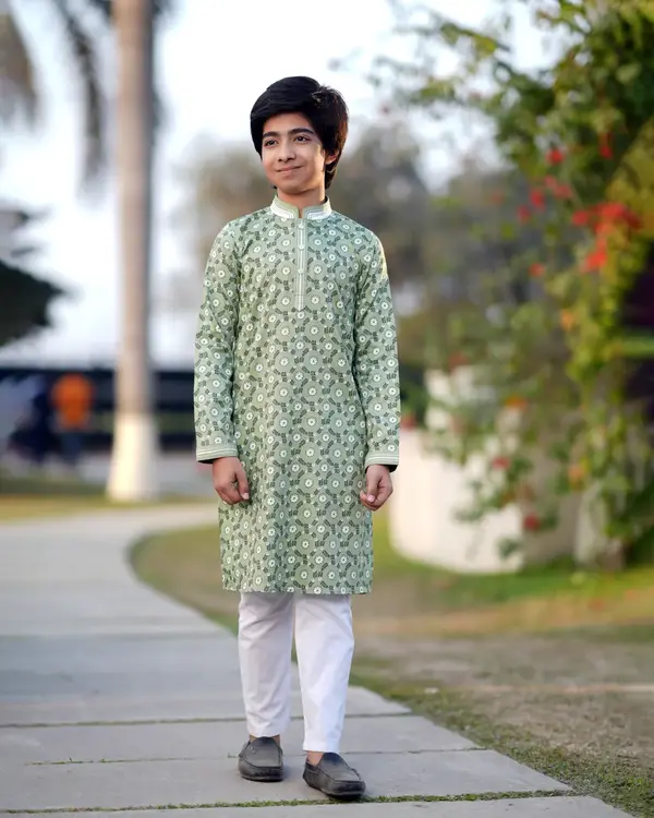 Boy Sage Green Festive Panjabi with White Piping -  EEW-FC–2002B