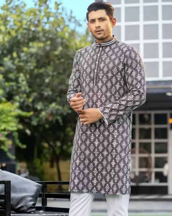 Charcoal Grey Embroidered and Printed Panjabi for Men